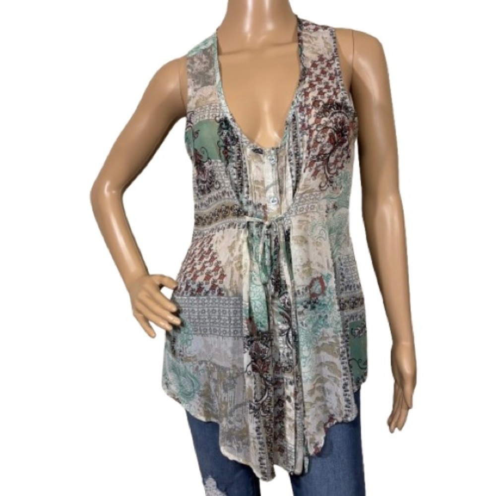 American Rag Boho Sheer Button Down Patchwork Tie Front Tank Top Size M